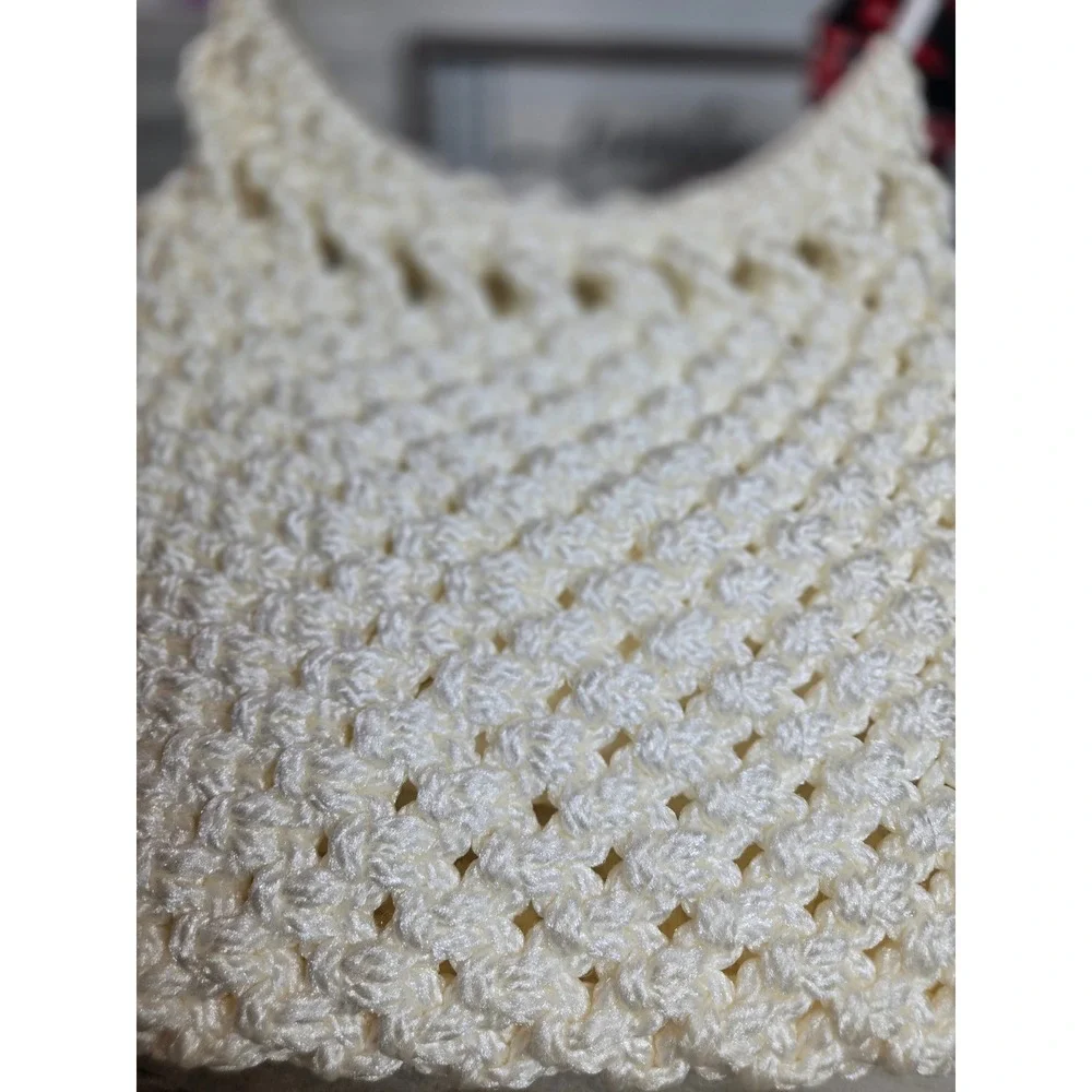 Vintage Style Cream Crochet Handbag White Ring Handle Boho Tote Cottagecore
